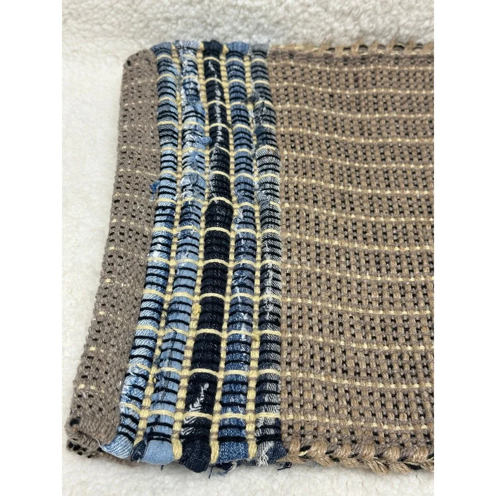 Woven Placemat Brown Blue Denim Border Textured Handcrafted Style Set of 4 Boho